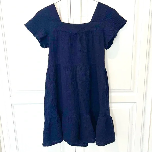 Beach Lunch Lounge 100% Cotton Gauze Navy Tiered Mini Dress Petite Boho - Picture 9 of 10